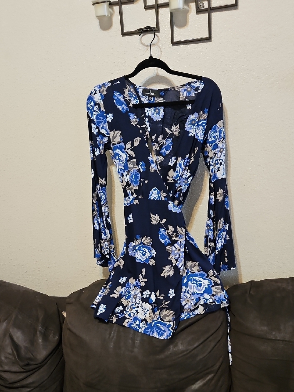 Lulu's Navy Floral Wrap Maxi Dress with Blue & Cream Flowers
